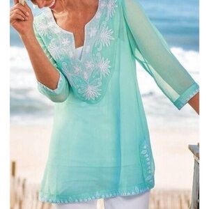 Soft Surroundings Embroidered Sheet Tunic Top in Mint